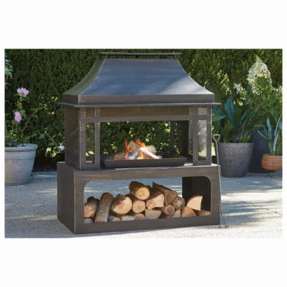 Black Steel Wood Burning Fireplace With Log Rack And Fire Tool - Model Srlf370