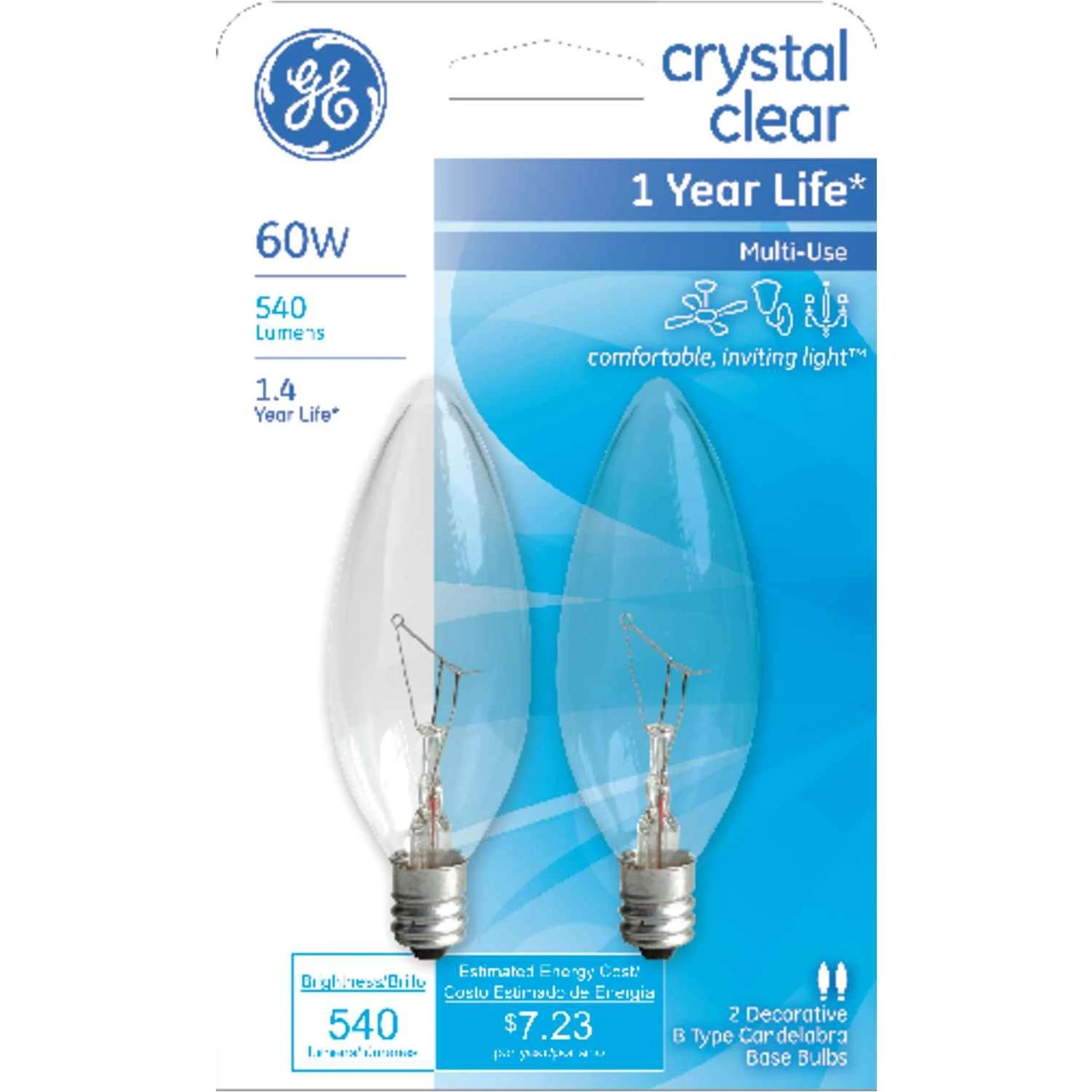 GE 60 watts B10 Incandescent Bulb 540 lumens Soft White Decorative 2 pk