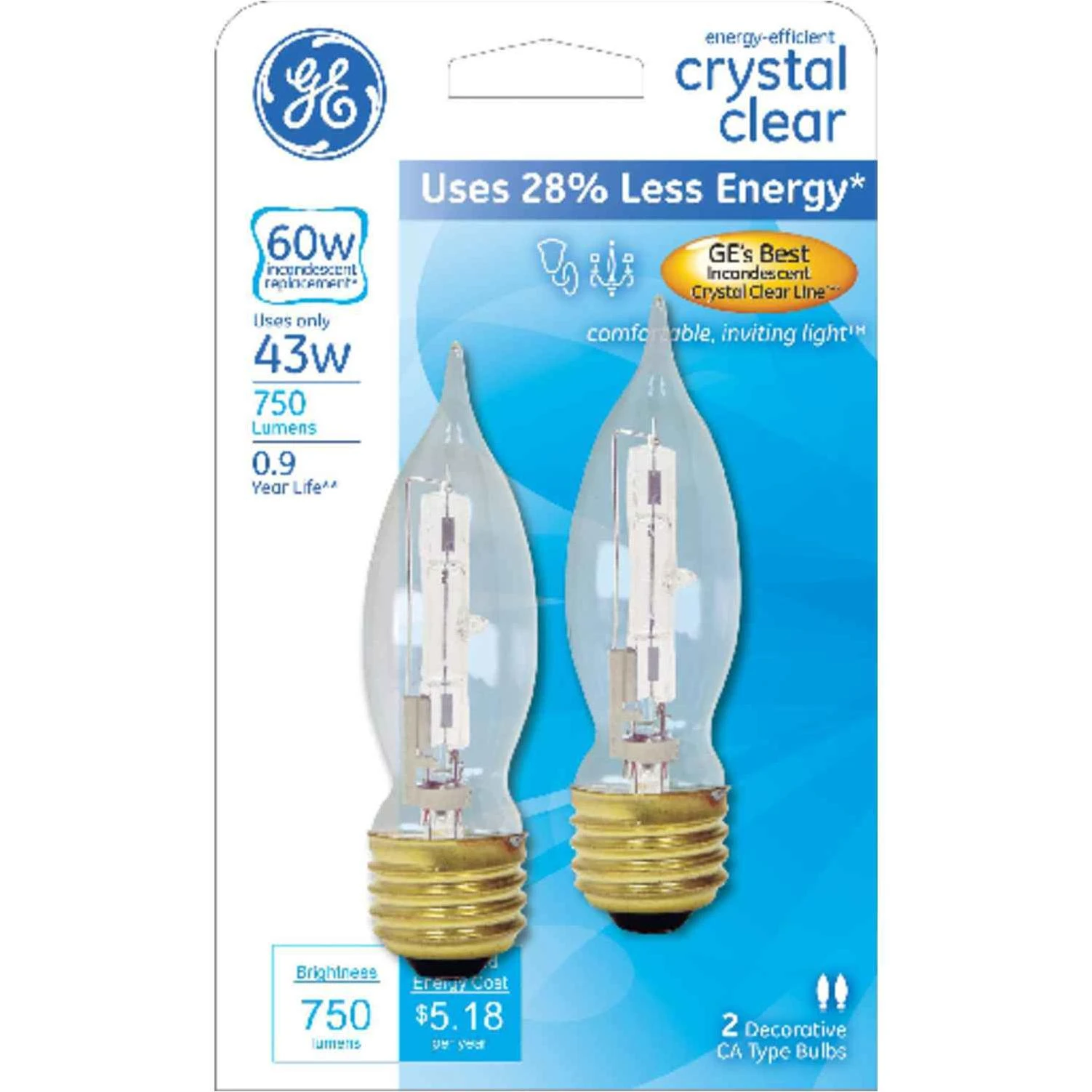 GE 43 watts A19 Halogen Bulb 750 lumens White 2 pk Decorative