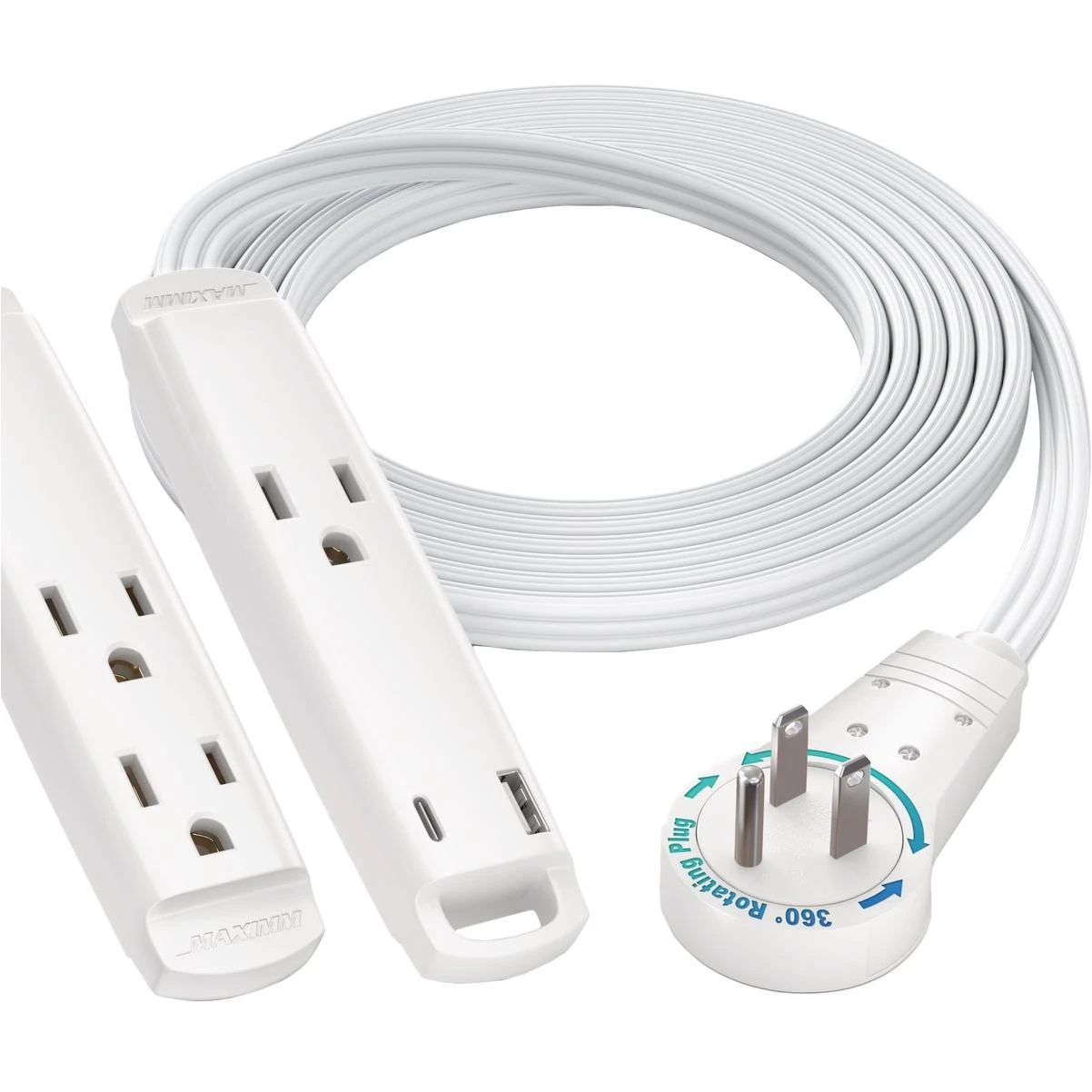Maximm 6 Ft. 16/3 White 3-Outlet 360 Deg. Rotating Plug & USB-C Extension Cord