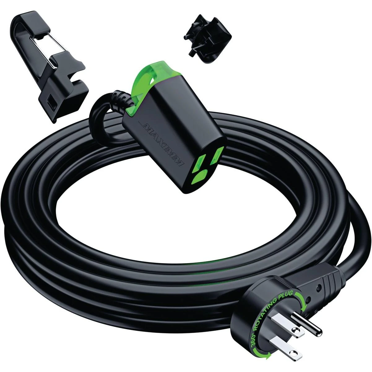 Maximm 15 Ft. 16/3 Black 1-Outlet 360 Deg. Rotating Plug Extension Cord with Lighted Hook