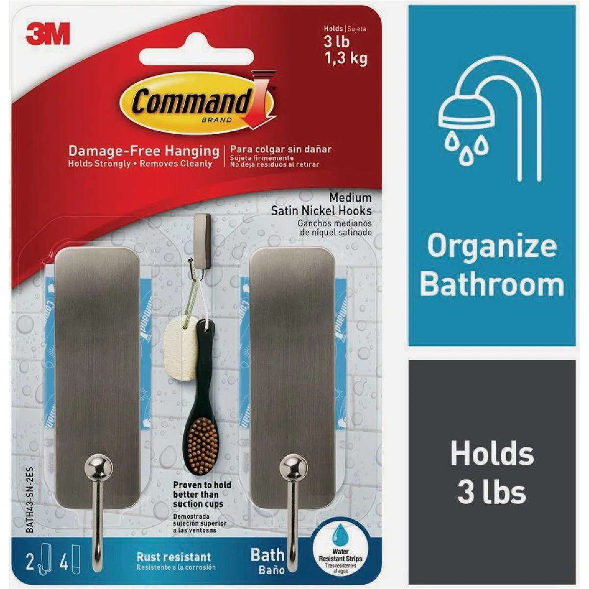 Command Medium Bath Hooks, Satin Nickel, 2 Hooks, 4 Strips