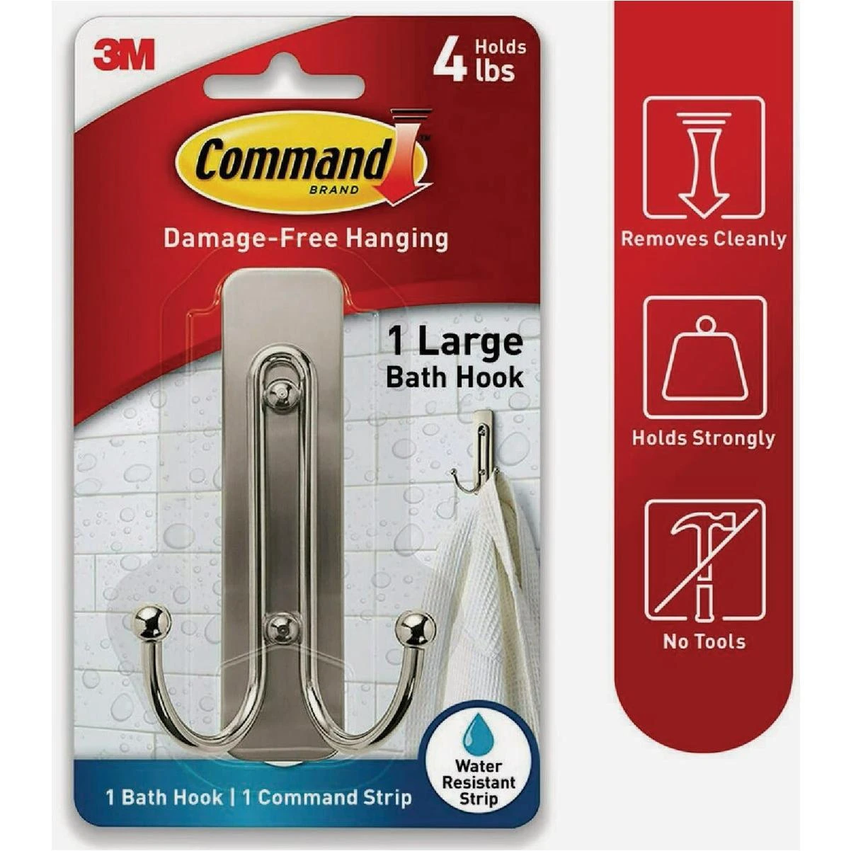 Command Large Double Bath Hook, Satin Nickel, 1 Hook, 1 Strip