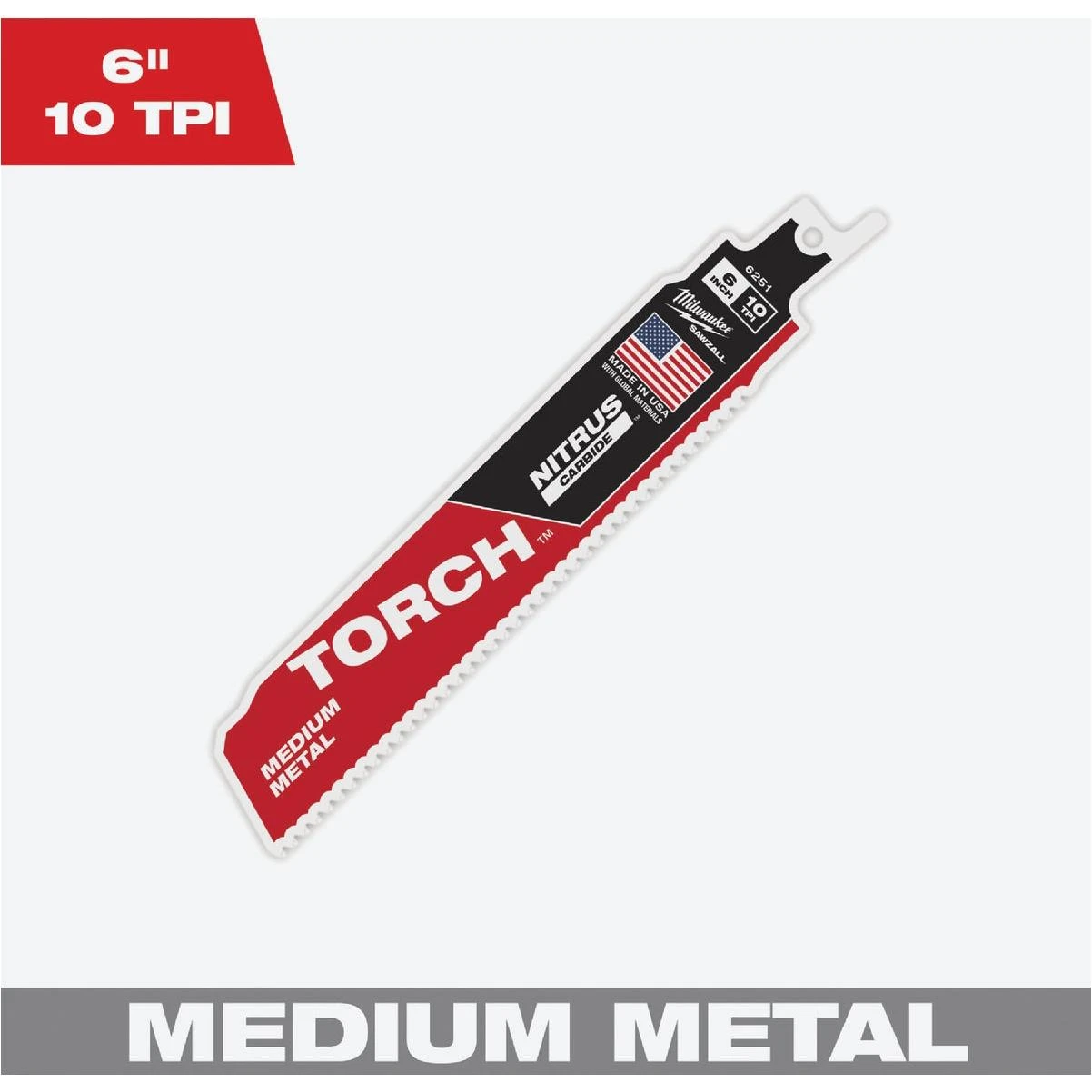 Milwaukee TORCH 6 In. 10 TPI NITRUS Carbide Medium Metal Reciprocating Saw Blade