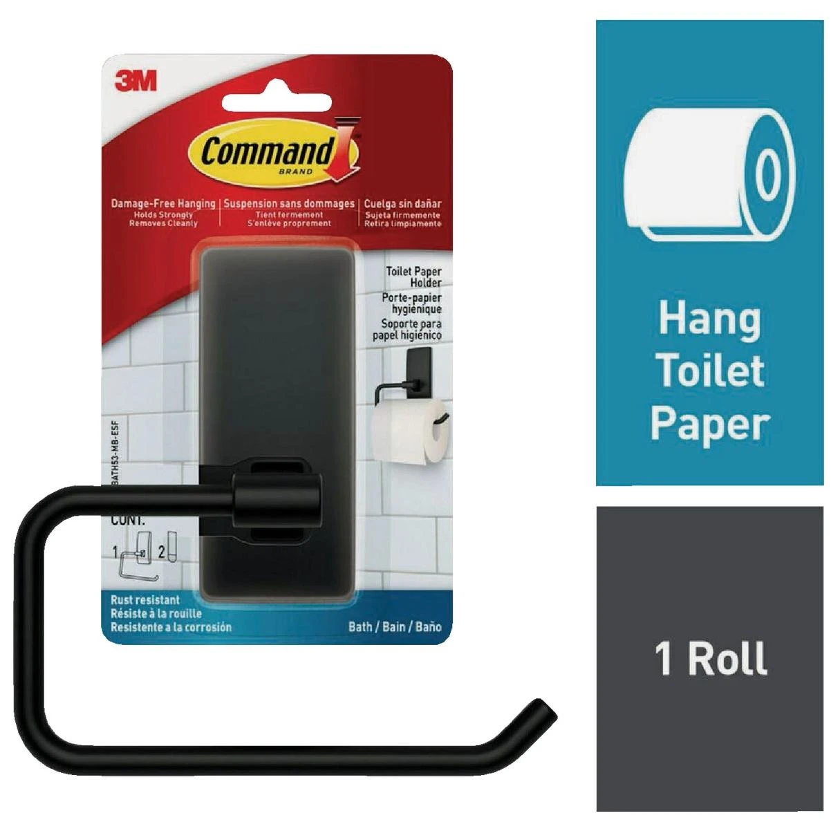 Command Bath Matte Black Adhesive Toilet Paper Holder, 2 Strips