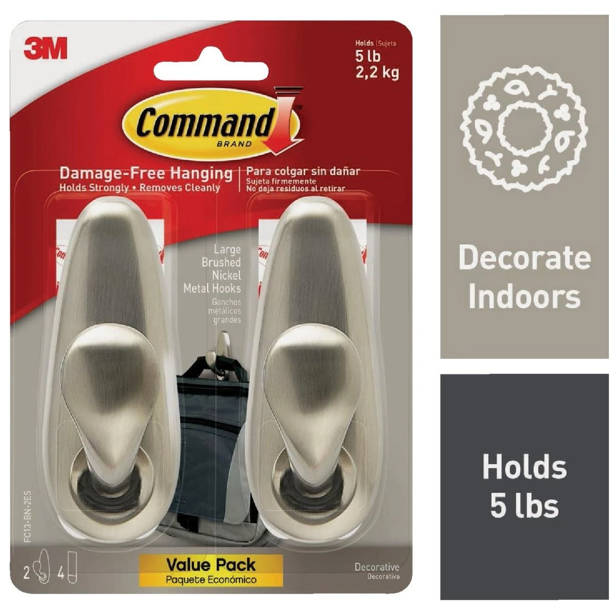 Command Large Forever Classic Hook, Brushed Nickel, 2 Hooks, 4 Strips