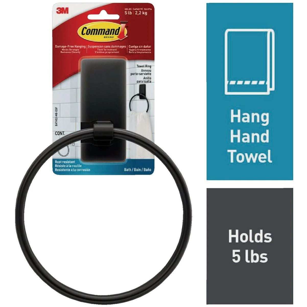 Command Bath Matte Black Adhesive Towel Ring, 2 Strips