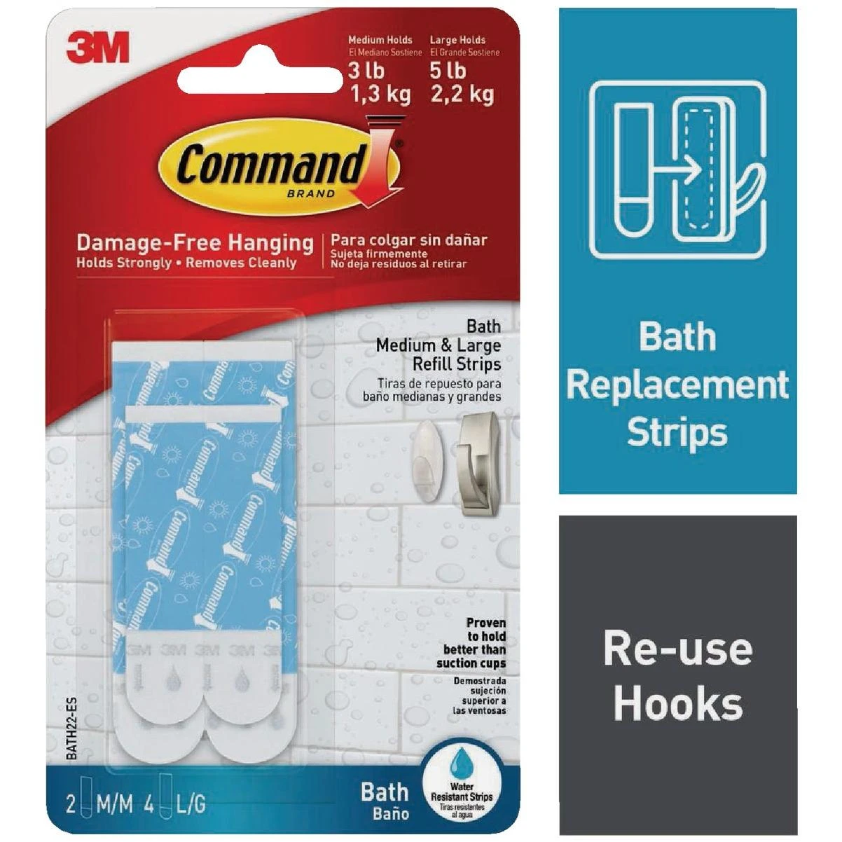 Command Assorted Water/Bath Resistant Refill Strips, 2 Medium and 4 Large Strips