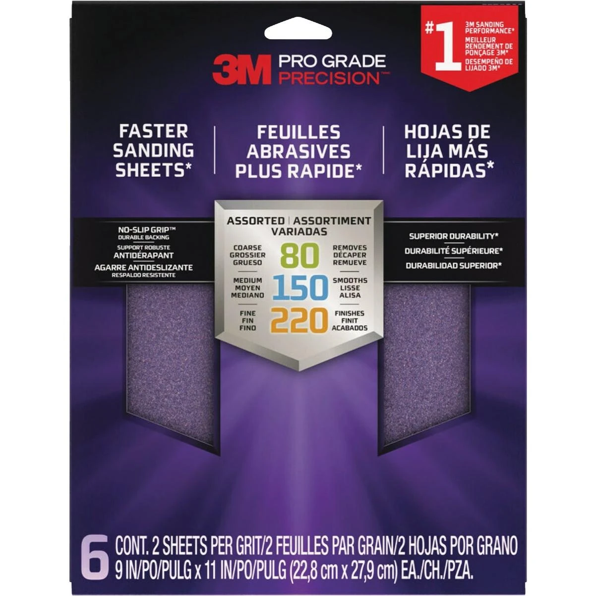 3M Pro Grade Precision 9 In. x 11 In. Assorted Grits Sandpaper Sheet with No-Slip Grip Backing (6-Pack)