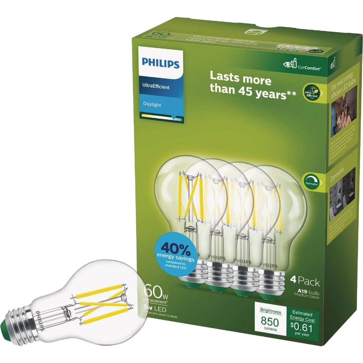 Philips Ultra Efficient 60W Equivalent Daylight Clear A19 LED Bulb (4-Pack)