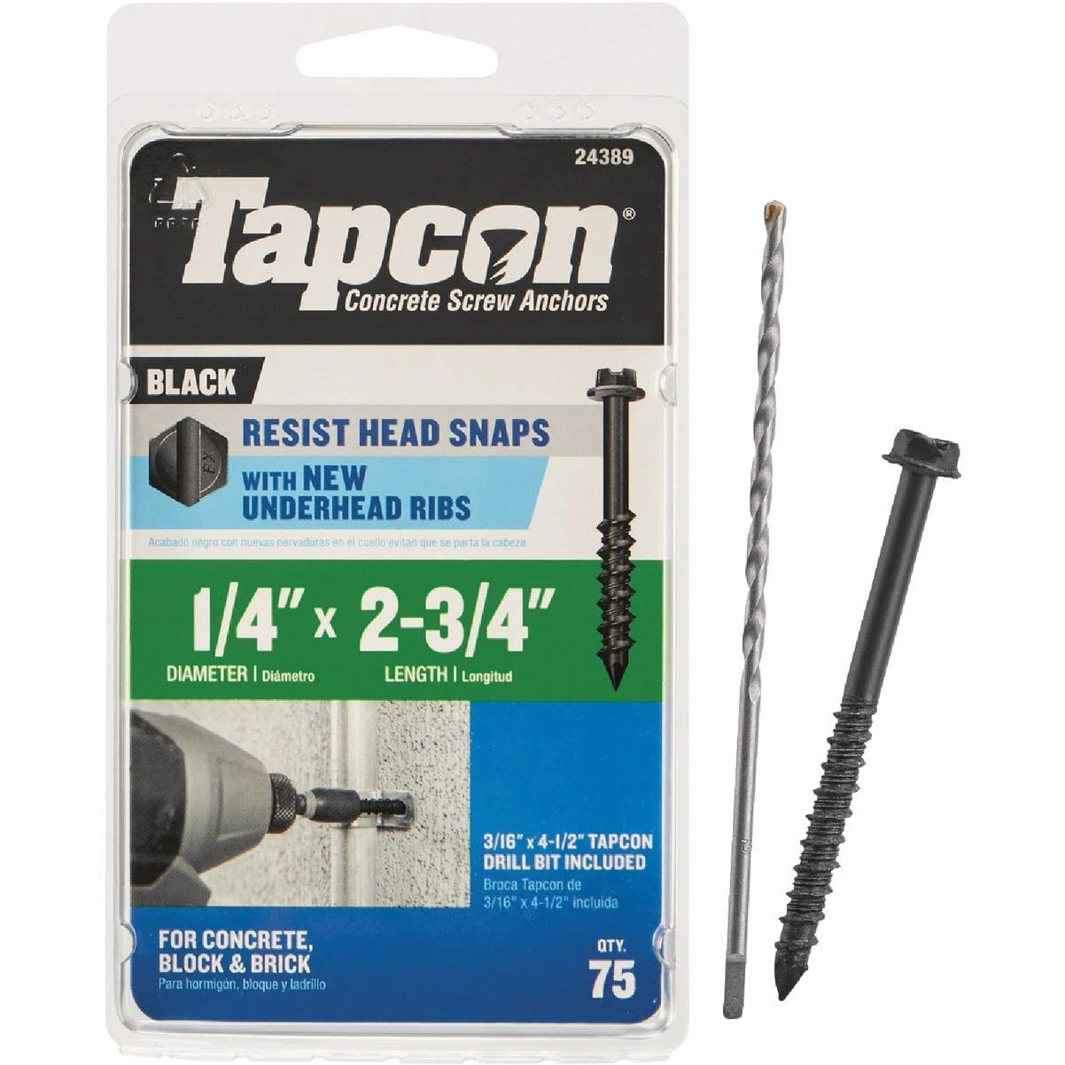Tapcon 1/4 In. x 2-3/4 In. Black Hex Washer Concrete Screw Anchor (75 Ct.)