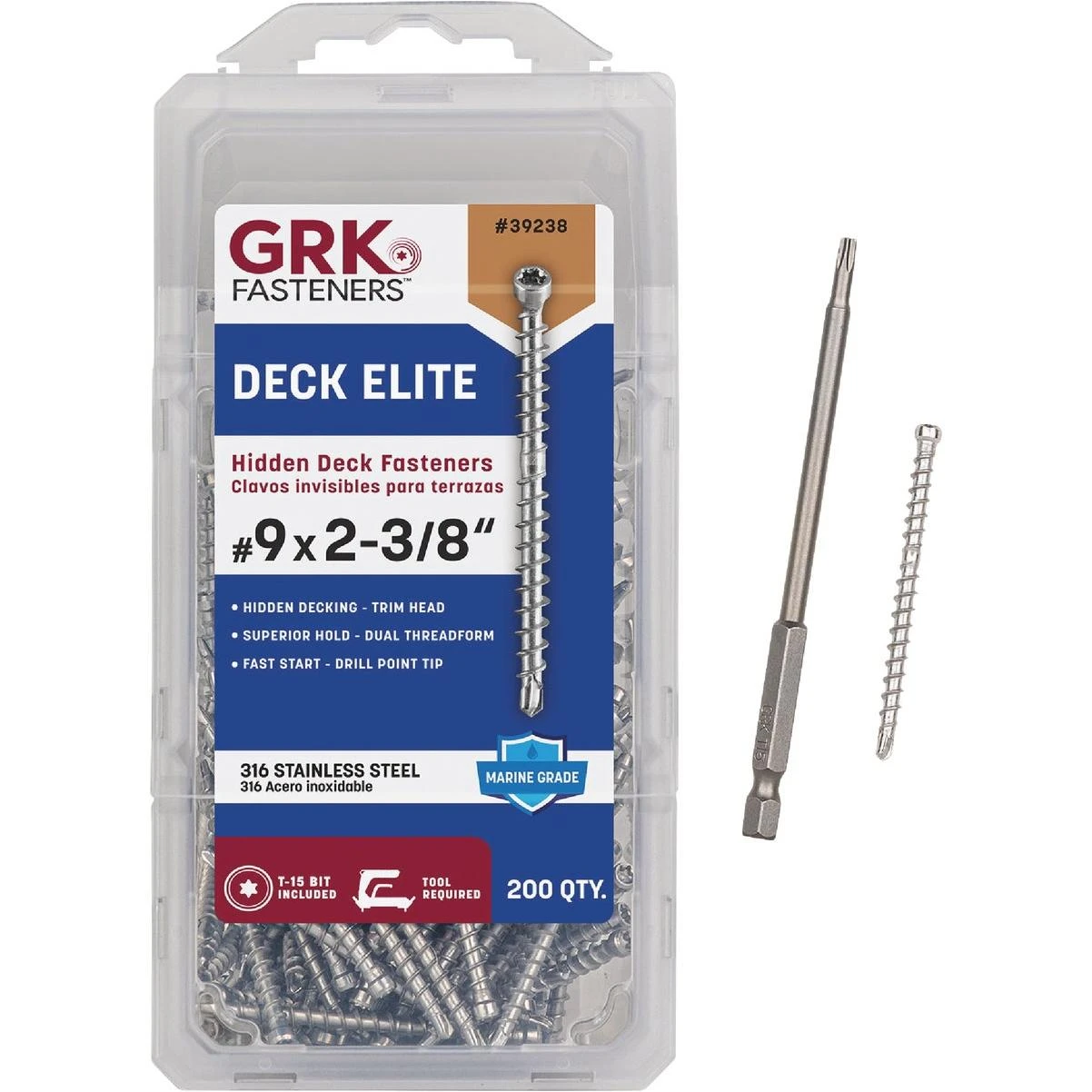 GRK Deck Elite #9 x 2-3/8 In. Stainless Steel Star Drive Bugle-Head Hidden Fastener Deck Screws (200 Ct.)