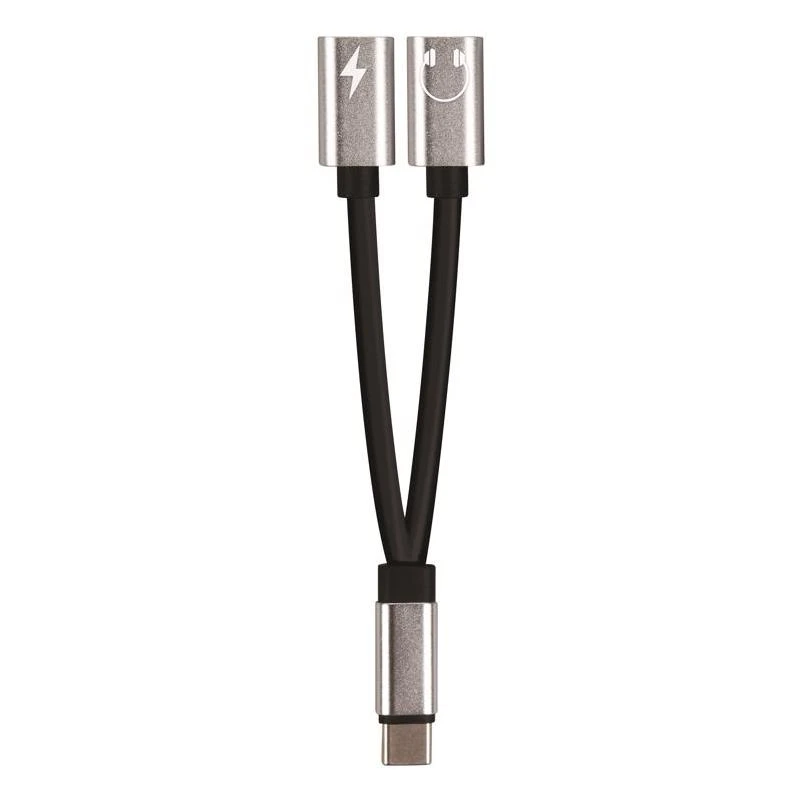 Fabcordz Black/Silver Dual Female Splitter Adapter USB-C Cable For Universal