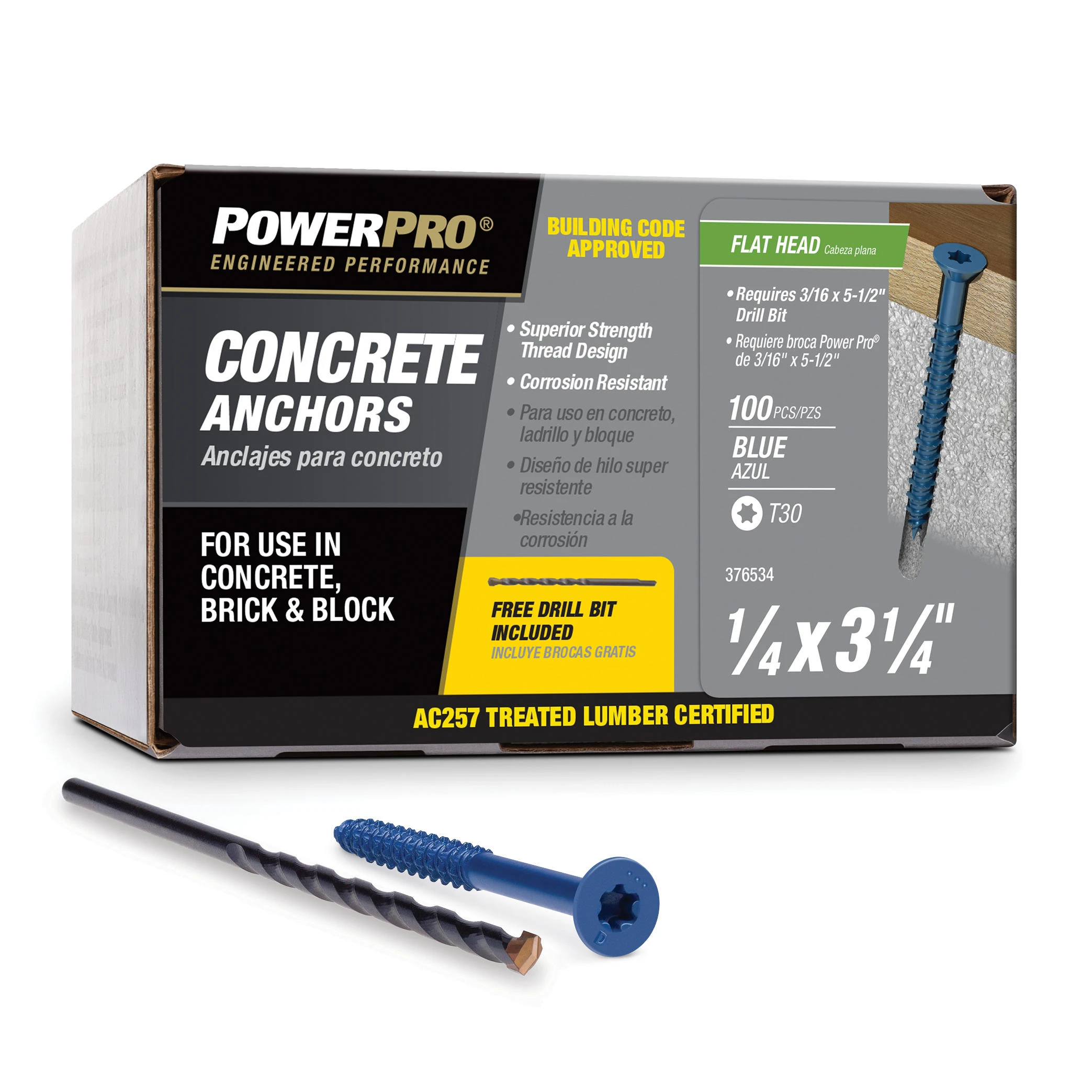 Power Pro Blue Flat-Head Concrete Screw Anchors (1/4" x 3-1/4") - 100 pc