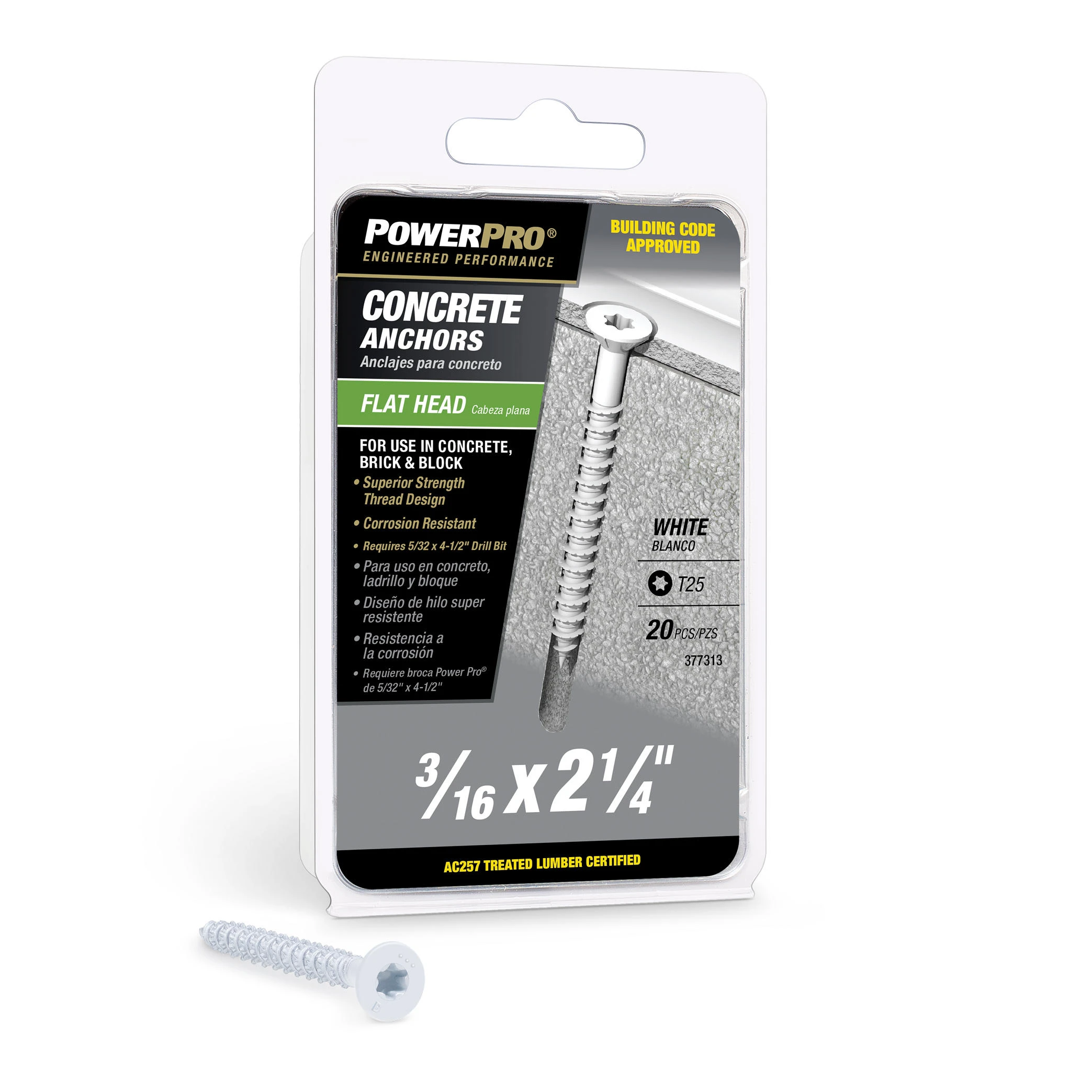 Power Pro White Flat-Head Concrete Screw Anchors (3/16" x 2-1/4") - 20 pc