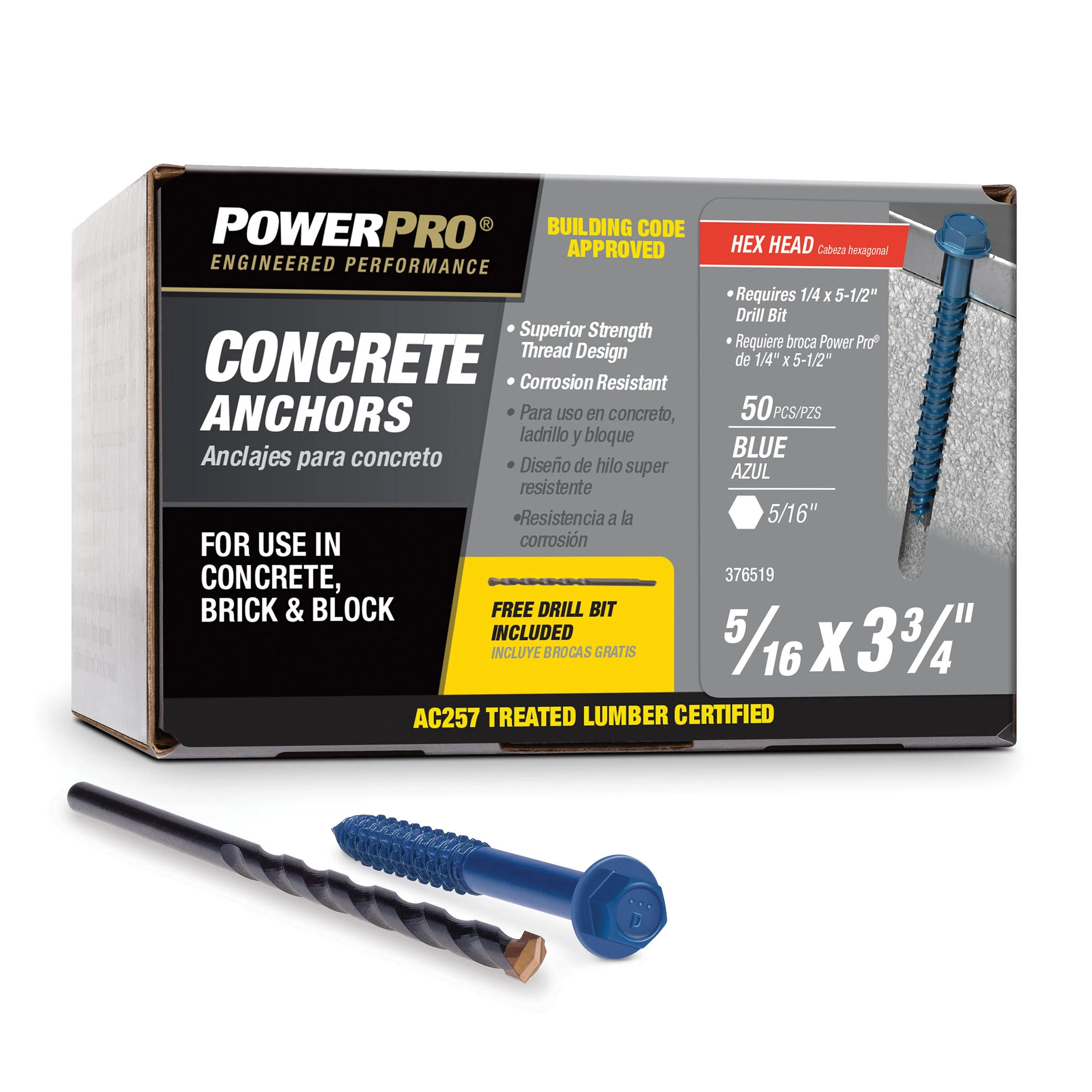 Power Pro Blue Hex Washer-Head Concrete Screw Anchors (5/16" x 3-3/4") - 50 pc