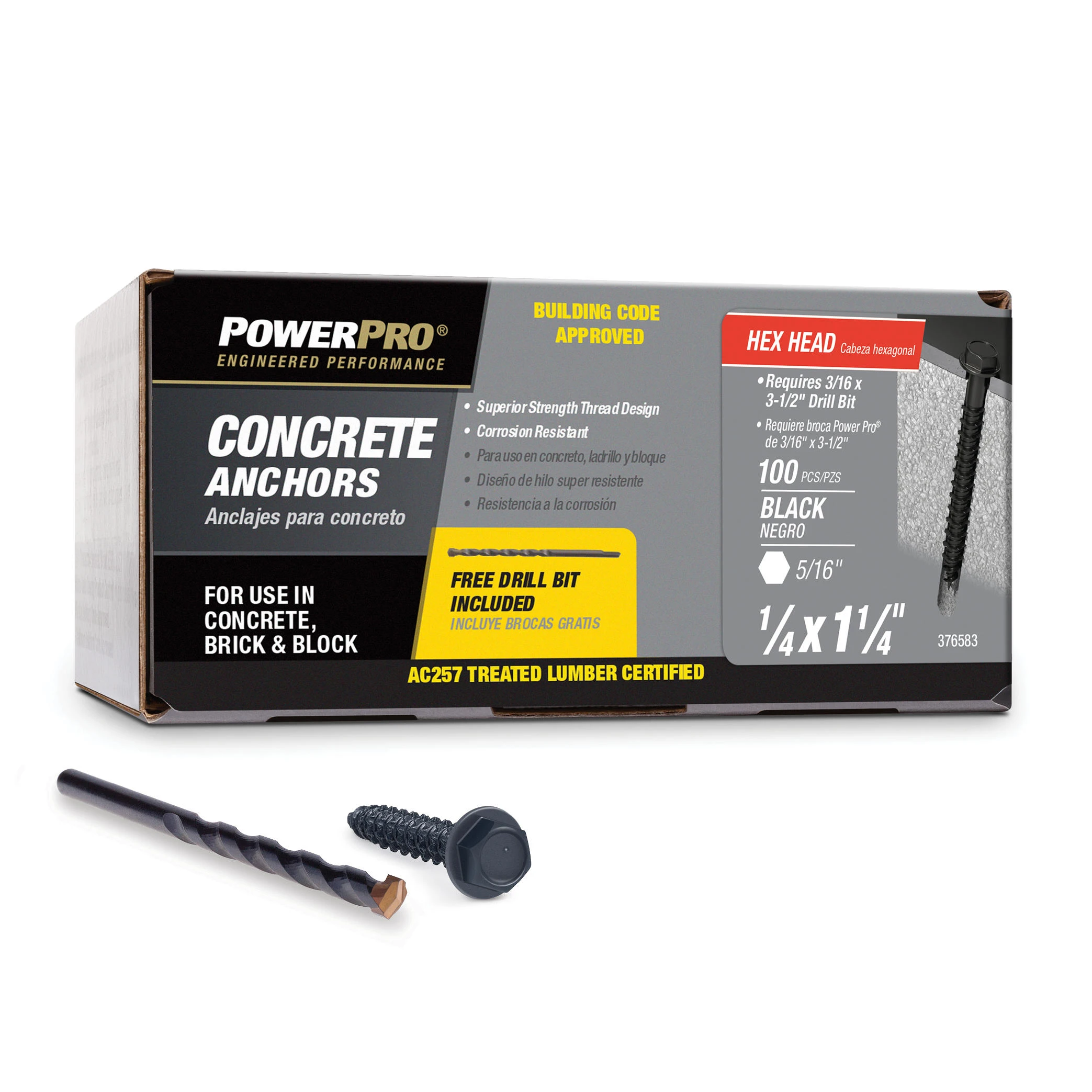 Power Pro Black Hex Washer-Head Concrete Screw Anchors (1/4" x 1-1/4") - 100 pc