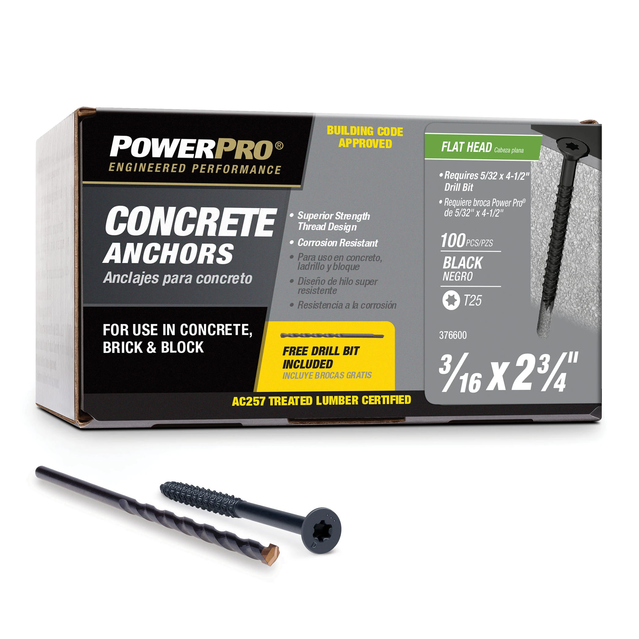 Power Pro Black Flat-Head Concrete Screw Anchors (3/16" x 2-3/4") - 100 pc
