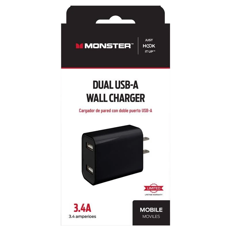 Monster Dual-Port USB Wall Charger – Dual USB Ports for Home & Office