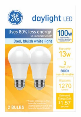 LED Light Bulbs, Bluish White Daylight, A19, 13 Watt, 2-Pk.