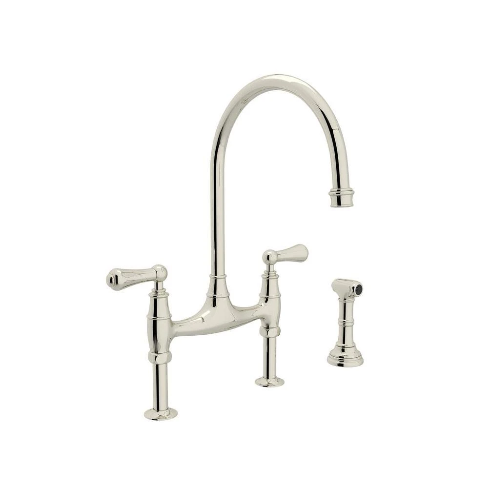 Perrin and Rowe 2-Handle Bridge Kitchen Faucet with Side Sprayer in Polished Nickel