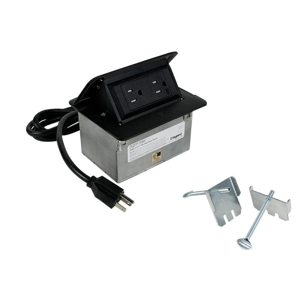 DeQuorum Flip up Black Countertop Box with 15 Amp Tamper Resistant Receptacle with a 6 ft. Cord