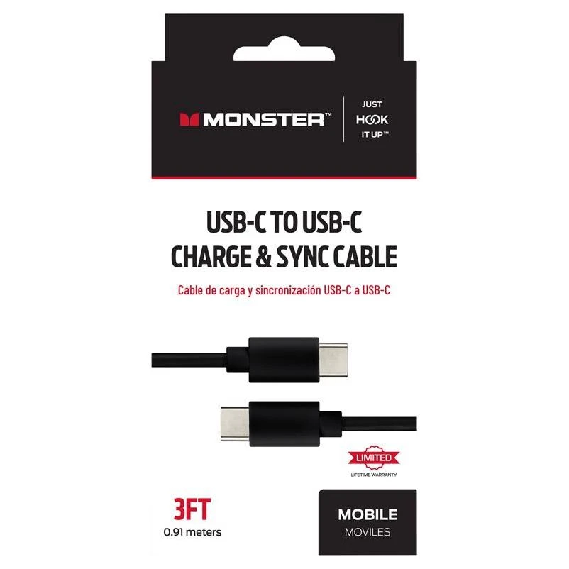 Monster Just Hook It Up Type C to Type C Charge and Sync Cable 3 ft. Black