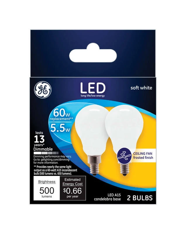 GE A15 E12 (Candelabra) LED Bulb Soft White 60 Watt Equivalence 2 pk