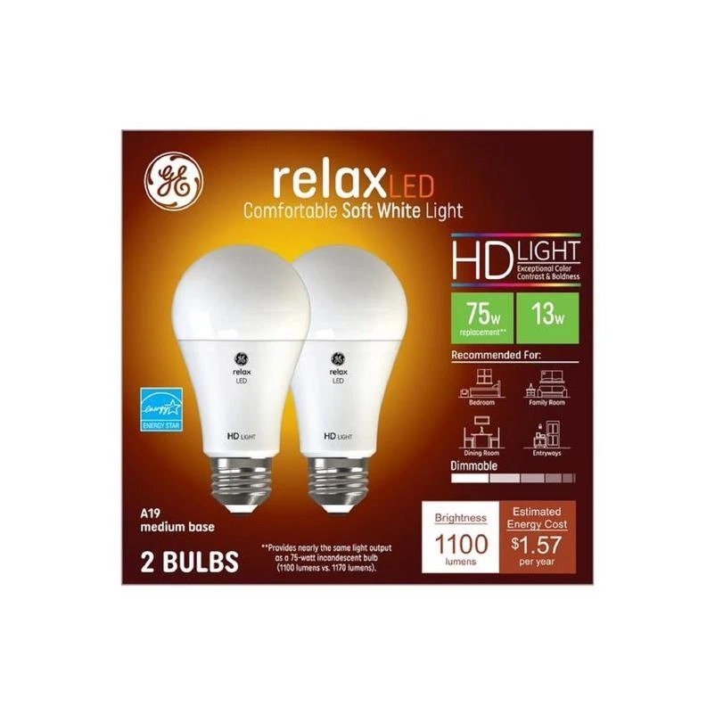 GE Relax HD A19 E26 (Medium) LED Bulb Soft White 75 Watt Equivalence 2 pk