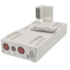 A white electronic device with multiple ports, including two red circular ports and a small round port. It has a rectangular area on its top side and a clip-like attachment. The device appears to be made for connectivity or data transfer.