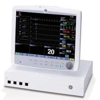 A medical patient monitor displaying various vital signs, including heart rate, blood pressure, and oxygen saturation. The screen shows different waveforms and numerical readings in green, yellow, and blue on a white unit.