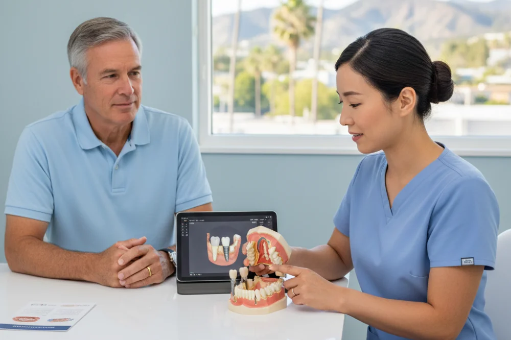 Dentist and patient reviewing dental implant cost and treatment options on a tablet