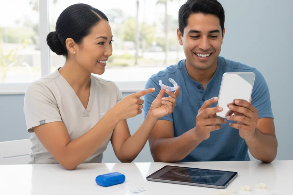 Smiling couple discussing Invisalign cost and treatment options at Laguna Heights Dental