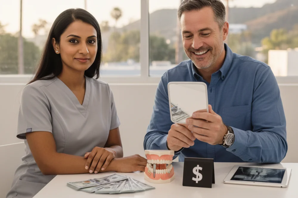 Couple reviewing a dental implant model with their dentist