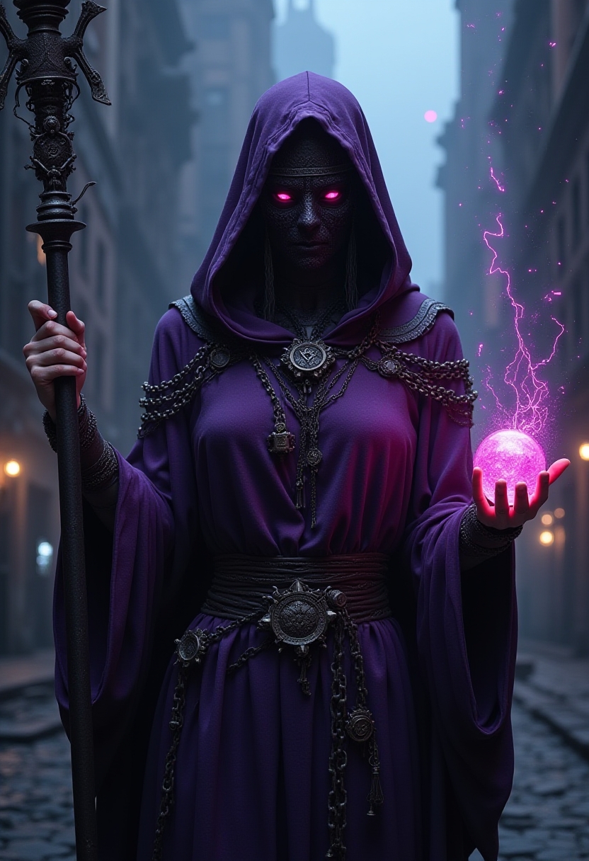 A dark fantasy portrait of a mage princess from a dungeonpunk world. She is cloaked in shadow, her deep violet robe laced with magical symbols and faintly glowing wires. Her face is hidden behind a delicate mask, with her eyes glowing fiercely with arcane energy. In one hand, she holds a staff crafted from mechanical gears and runes, while in the other, she conjures a sphere of crackling energy. The background shows a dark, industrial city ruled by her powerful family, with a hint of eerie light
