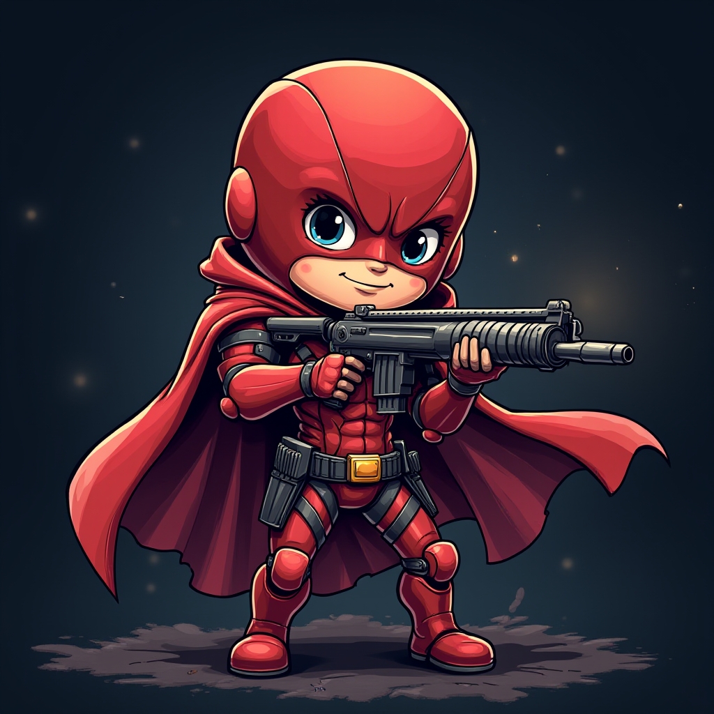 A cute iroman style superhero character, with a head-to-body ratio of 2-3, made even smaller, holding machine gun, striking a dynamic pose with a cheerful and playful expression, detailed digital art with a comic book style, vibrant and intense colors, on a dark colored background, with darker and more pronounced shadows for a dramatic effect, bold atmosphere, perfect for a mobile phone wallpaper, vertical format