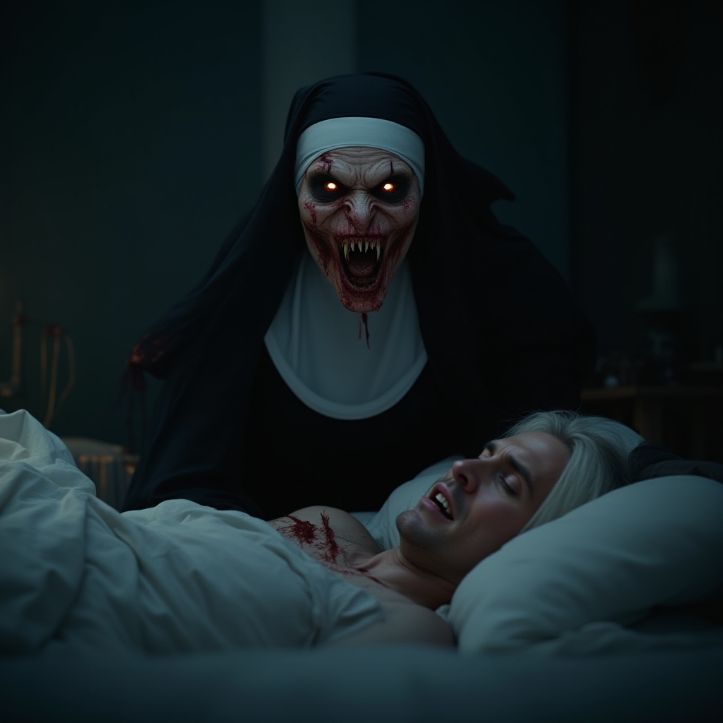 A hyperrealistic image from the perspective of a man sleeping in his bed. The room is dimly lit by moonlight, casting long shadows across the walls. The man is soundly asleep, his face relaxed and peaceful. But in the foreground, hovering over him, is a nun with a terrifying, demonic visage. Her face is twisted into a grotesque sneer, her eyes glow an unnatural red, and her mouth is stretched open in a silent scream. Her habit is ripped and stained with blood