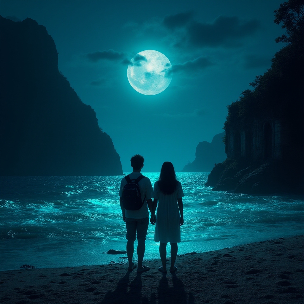 'Comic book cover image, Couple visiting a haunted spot on the eerie coast of Okinawa at night, faces full of fear as they encounter a supernatural phenomenon, Coast lit by faint moonlight and the eerie glow of bioluminescent plankton, surrounded by mysterious rock formations and ancient ruins, Horror and surrealism art style, inspired by the work of H.R. Giger, camera medium shot, 50mm lens, low angle view, dramatic lighting with moonlight and shadows, highly detailed, 4K resolution'