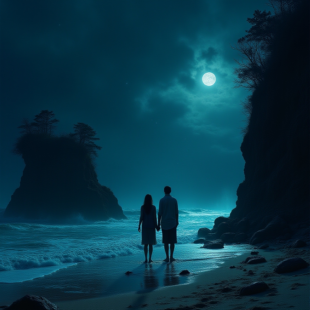 Comic book cover image, A couple visiting a haunted spiritual spot on the eerie shore of Okinawa at night, their faces filled with terror as they encounter supernatural phenomena, the beach illuminated by the faint glow of the moon and the eerie luminescence of bioluminescent plankton, surrounded by mysterious rock formations and ancient ruins, horror and surrealism art style, inspired by Art Station, DeviantArt, and the works of Junji Ito and H.R. Giger, camera medium shot, 50mm lens, low