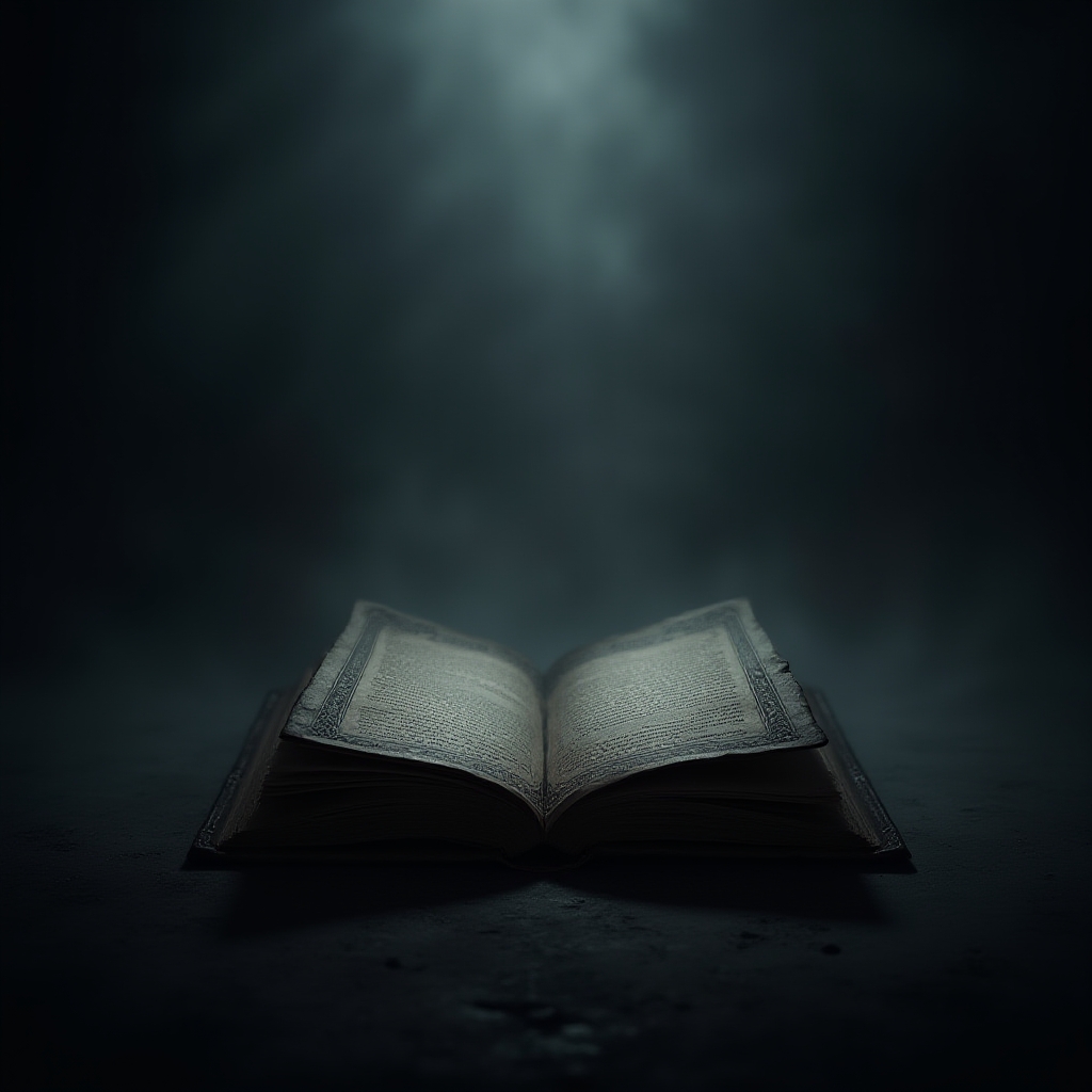 Create a dark, mysterious avatar featuring an ancient, weathered book placed at the center. The book should look old, with pages slightly opened, surrounded by soft, eerie lighting that casts long shadows. The background should be dim and foggy, with muted colors like deep blues, grays, and blacks, giving off an ominous atmosphere. The overall style should be gothic and haunting, with intricate details on the book's cover, enhancing the mysterious vibe.