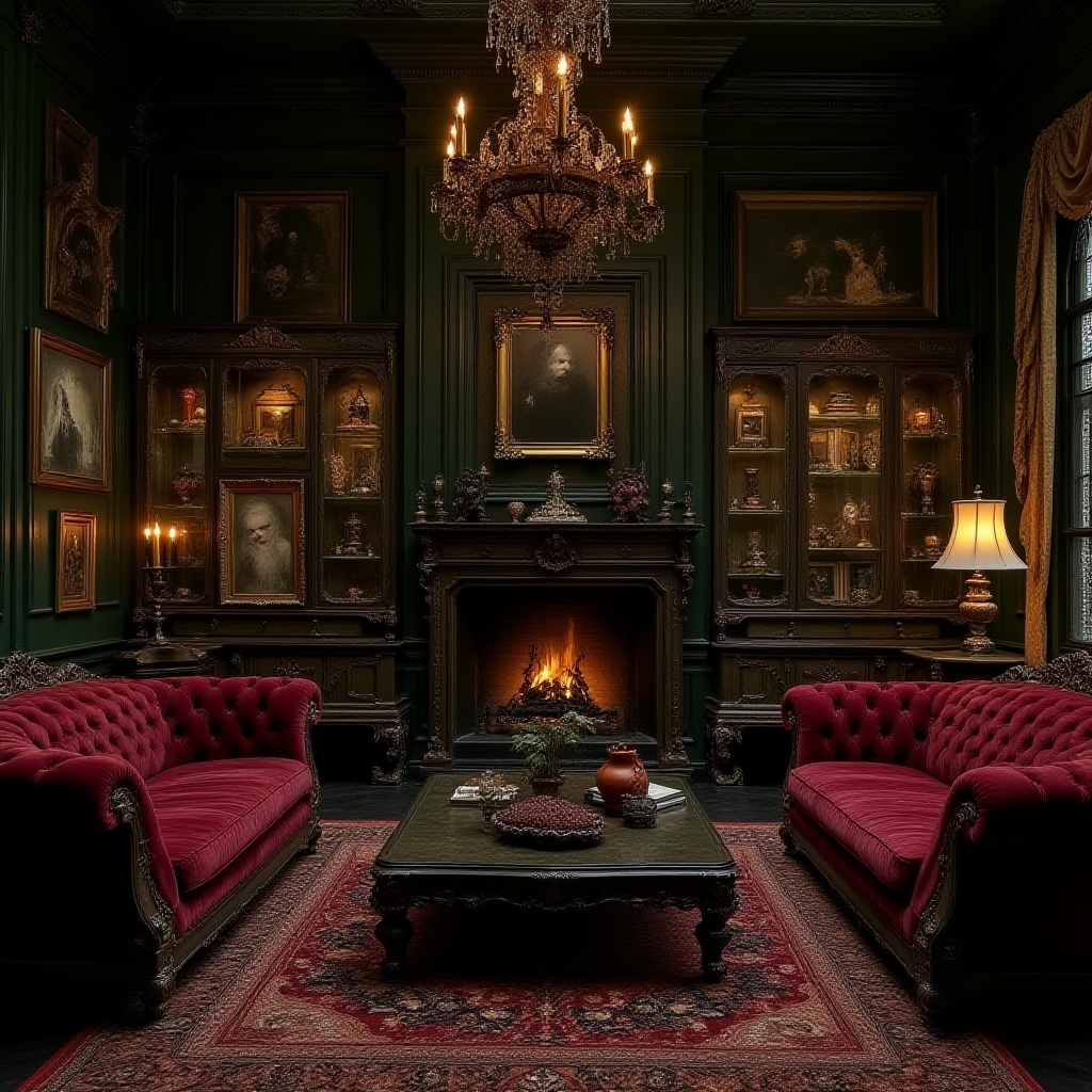 luxurious living room in dark gothic Victorian style, maintaining exact room layout, dark room, ornate Victorian furniture with tufted leather upholstery, vintage frames arranged in gallery wall style, dark wood cabinets with glass displays, mystical artifacts and curiosities, warm candlelight from ornate holders, dramatic chandeliers, rich velvet and leather materials, deep forest green and burgundy color palette with antique gold accents, mysterious and sophisticated haunted mansi