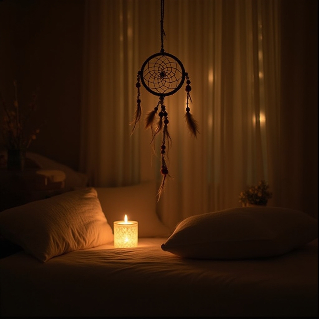 A softly lit room with warm, ambient mood lighting casting a gentle glow, creating a cozy and elegant atmosphere. The background features dark but not overly shadowy walls with subtle textures, neutral tones, and minimal decor like delicate plants or soft curtains. The room has a bohemian-inspired, emotional vibe that complements a dreamcatcher, making it inviting, refined, and perfect for a luxurious, dreamy setting