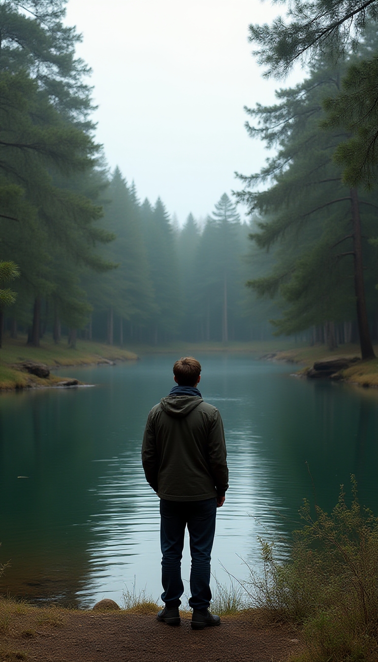 Back Static Shot. . The camera captures a man standing at the edge of a 20-meter-wide pond , surrounded by a dense, tranquil forest. Viewed from behind, he is clad in muted outdoor attire , gazing at the serene water. Above, a slightly overcast sky softens the light, while a gentle breeze stirs the towering trees encircling the scene. Their swaying leaves send faint ripples across the pond's surface, amplifying the quiet stillness . The atmosphere exudes solitude , a deep connection to nature,