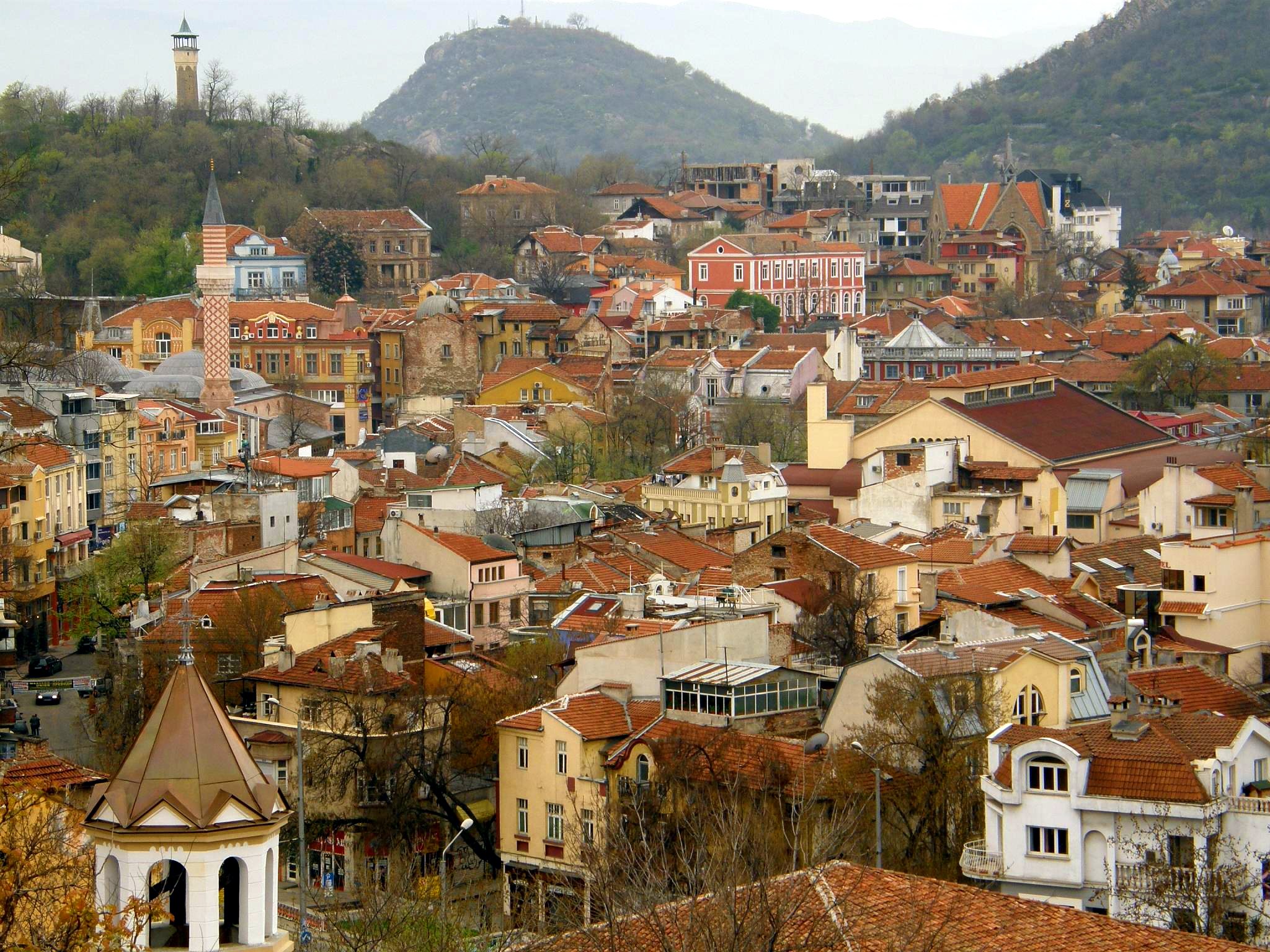 The city of Plovdiv (Philippopolis) - mainly the old part of the city - seen from the hill where is the ancient Thracian settlement of "Nebet Tepe". 