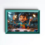 العبقرية الصغيرة – Little Genius Inventor Girl in Workshop Art Print
