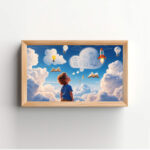 أحلام التعليم في السماء – Dreaming Boy with Books & Ideas in the Clouds Art Print