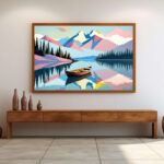 قارب الصباح الهادئ – Serene Mountain Lake Boat Art Print