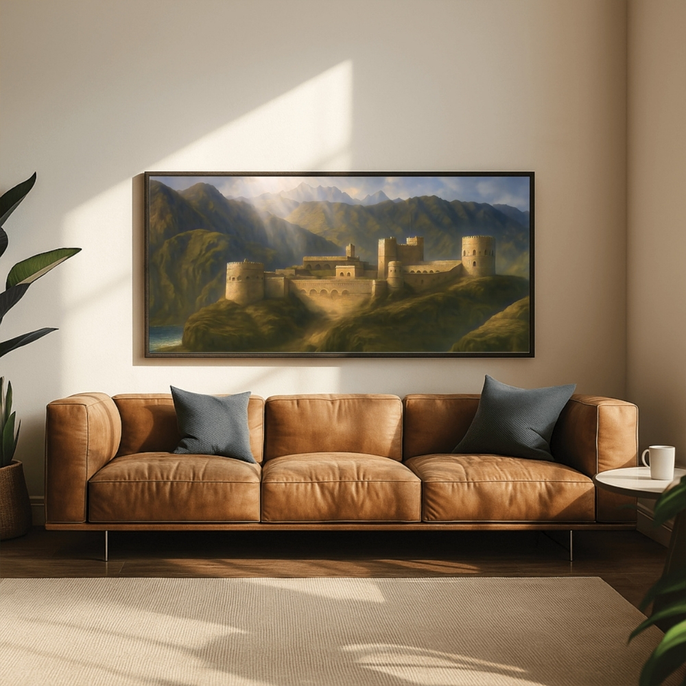 OMN 28-2025 قلعة مسقط في حضن الجبال – Muscat Fortress Embraced by Mountains | لوحة فنية رقمية تاريخية - الصورة 1