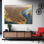 دبي من الأعلى قبل التحوّل – Aerial View of Historic Dubai Heritage Art Vintage Dubai Cityscape | Digital Restoration Wall Art