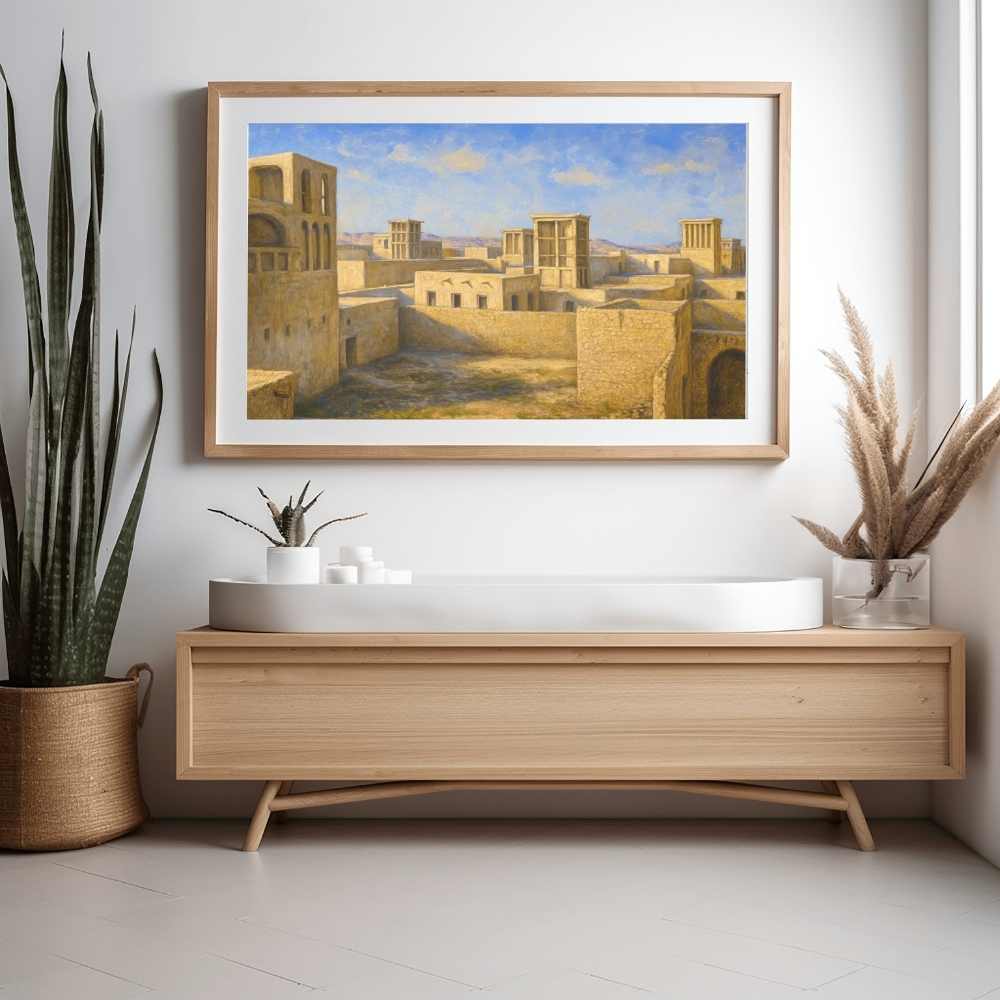 UAE 104-2025 أسطح أم القيوين القديمة وأبراج الرياح – Old Umm Al Quwain Rooftops & Wind Towers Traditional Desert Architecture in Digital Heritage Art - Image 1